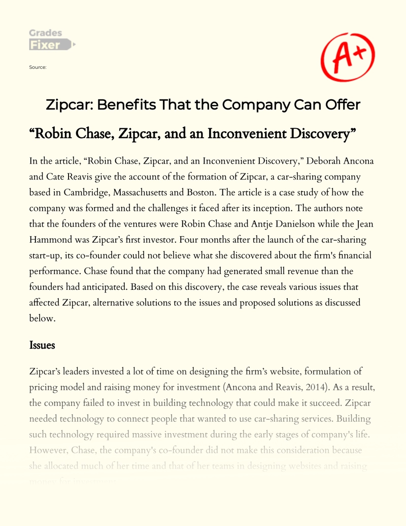 Zipcar: Benefits that The Company Can Offer Essay