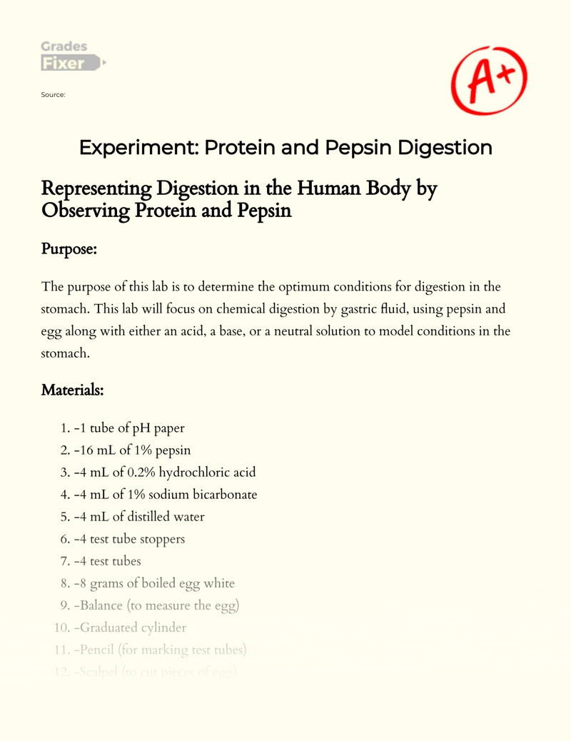 Experiment: Protein and Pepsin Digestion Essay