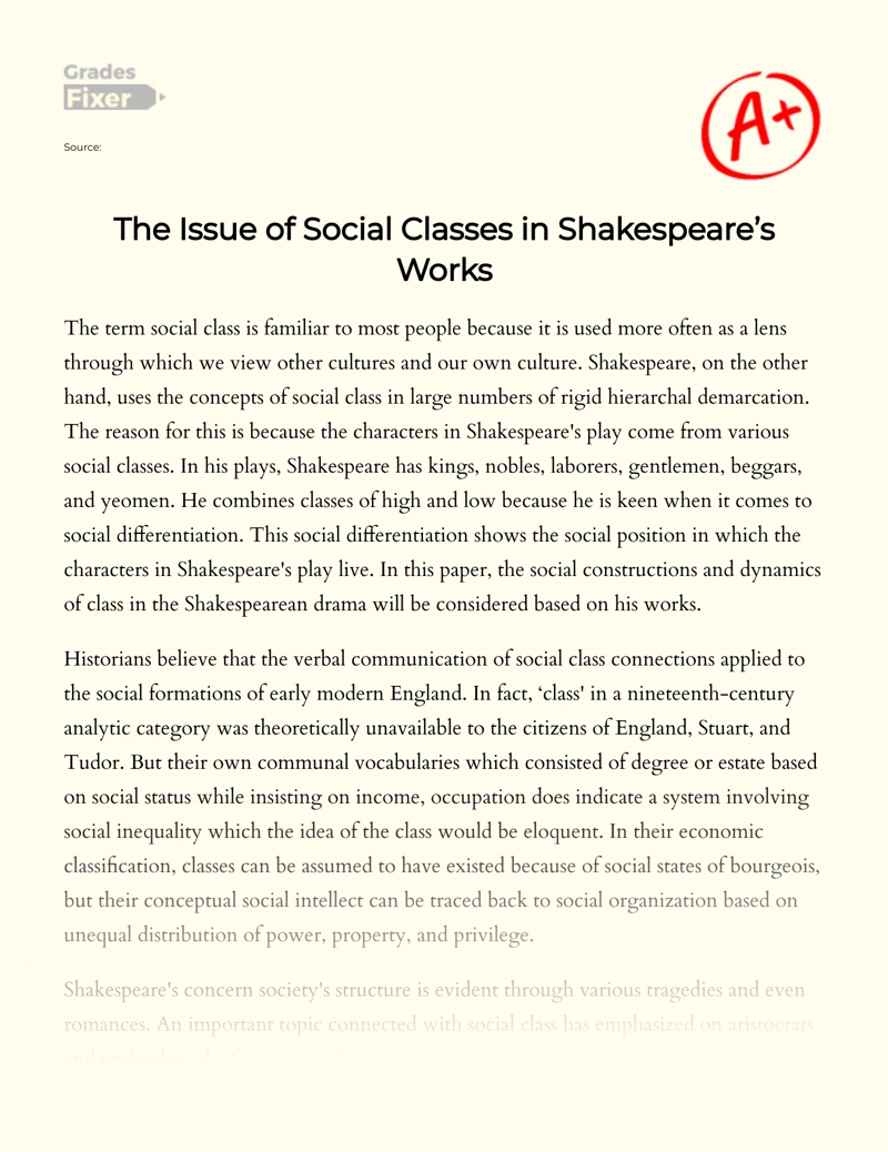 The Issue of Social Classes in Shakespeare’s Works Essay