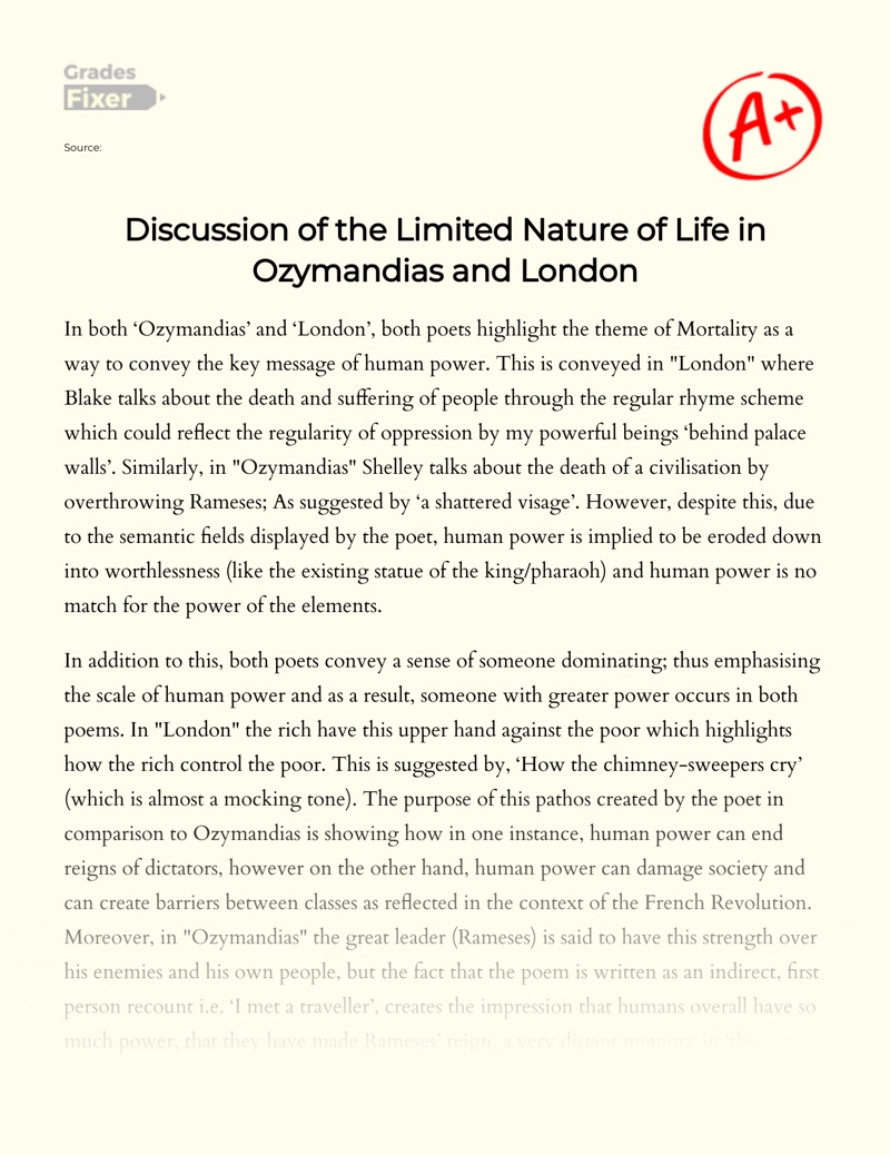 Discussion of The Limited Nature of Life in Ozymandias and London Essay