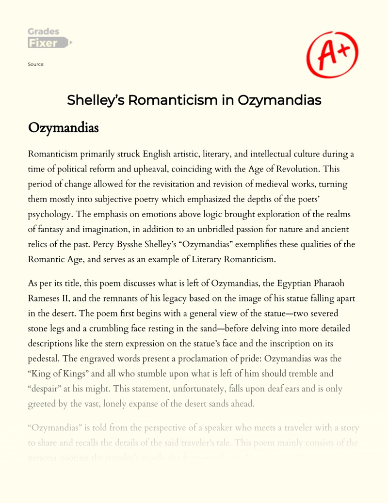 Shelley’s Romanticism in Ozymandias Essay