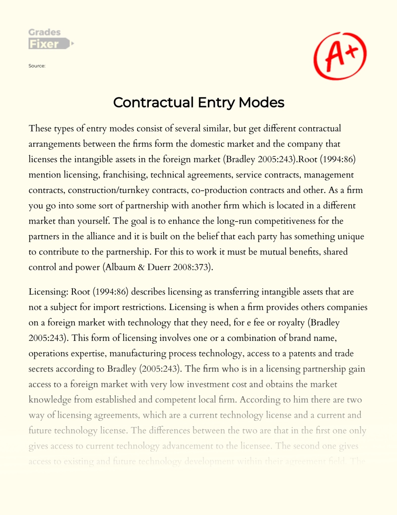 Contractual Entry Modes  Essay