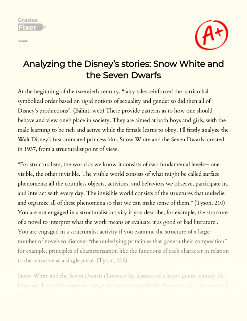 Analyzing The Disney’s Stories: Snow White and The Seven Dwarfs essay