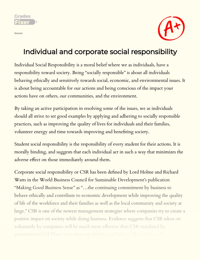 Individual and Corporate Social Responsibility essay