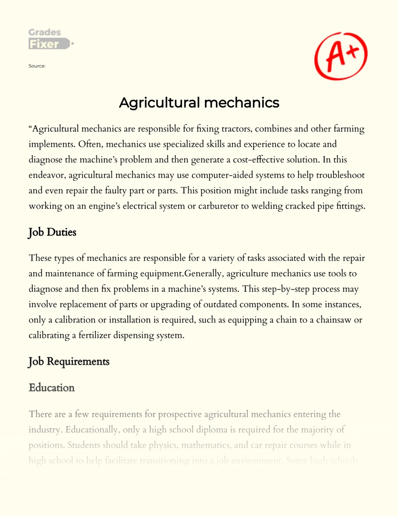 The Job of an Agricultural Mechanic Essay