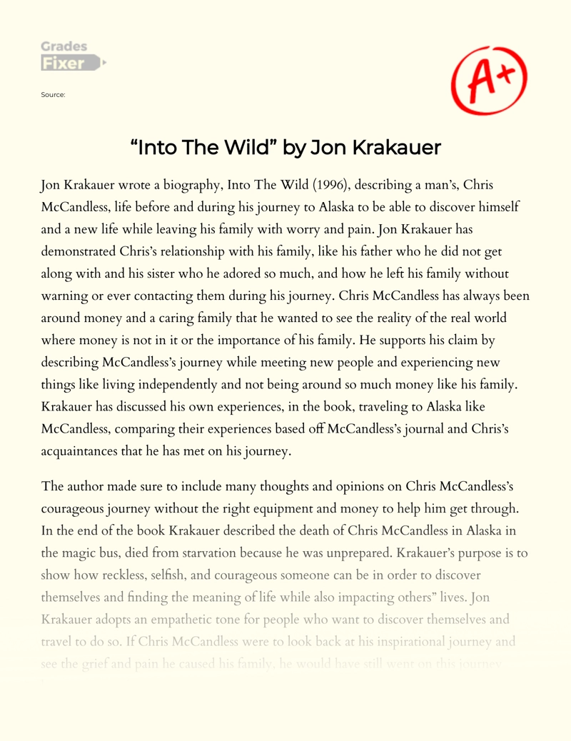 "Into The Wild" by Jon Krakauer  essay