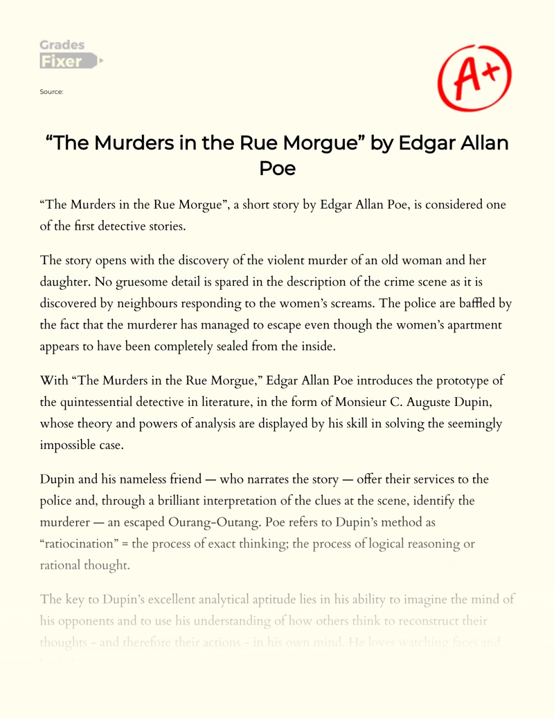 "The Murders in The Rue Morgue" by Edgar Allan Poe Essay