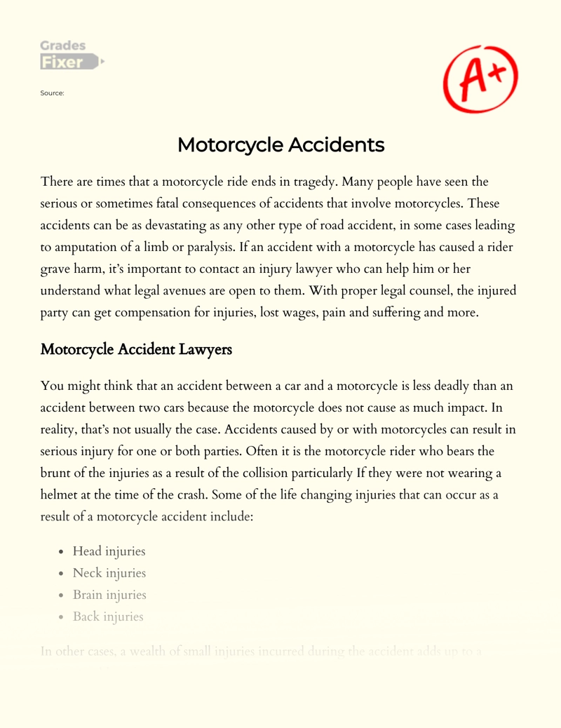 Overview of Injuries and Effects of Motorcycle Accidents  Essay