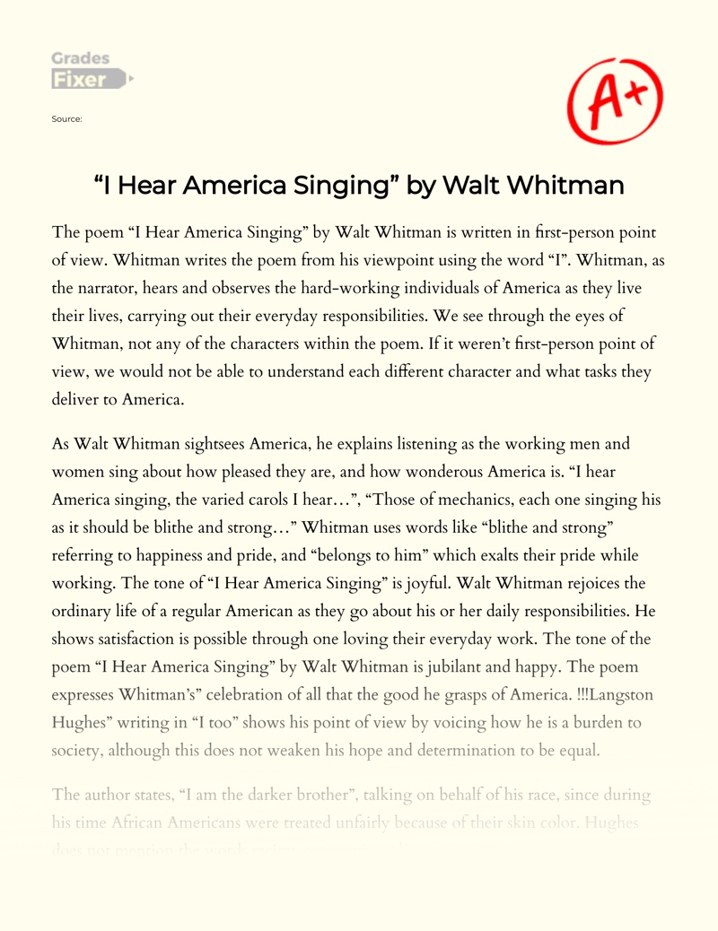 "I Hear America Singing" by Walt Whitman Essay