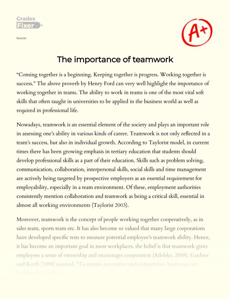 Teamwork as an Essential Element of The Society essay