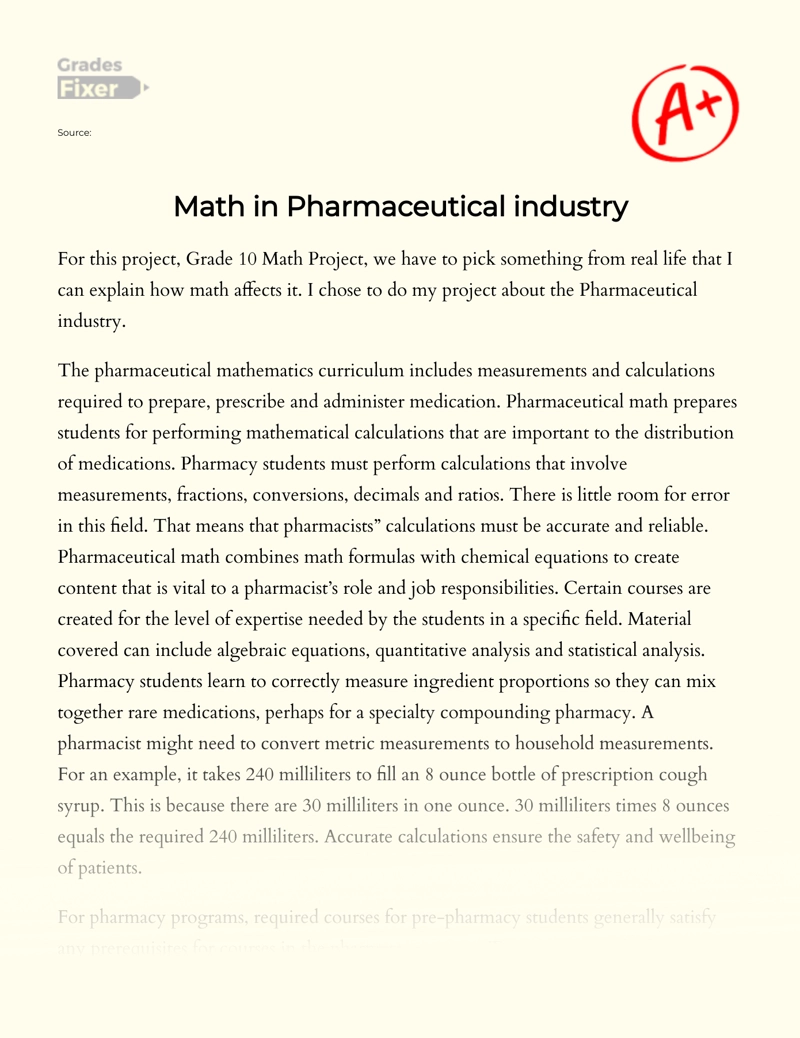 Math in Pharmaceutical Industry Essay