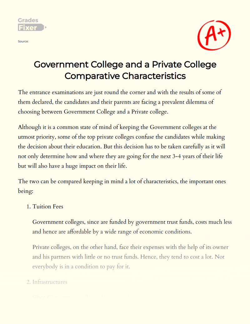 Government College and a Private College Comparative Characteristics Essay