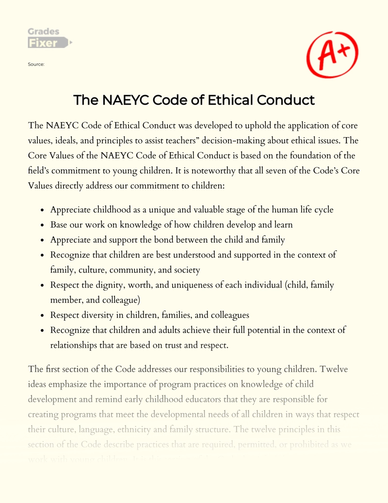 The Naeyc Code of Ethical Conduct essay