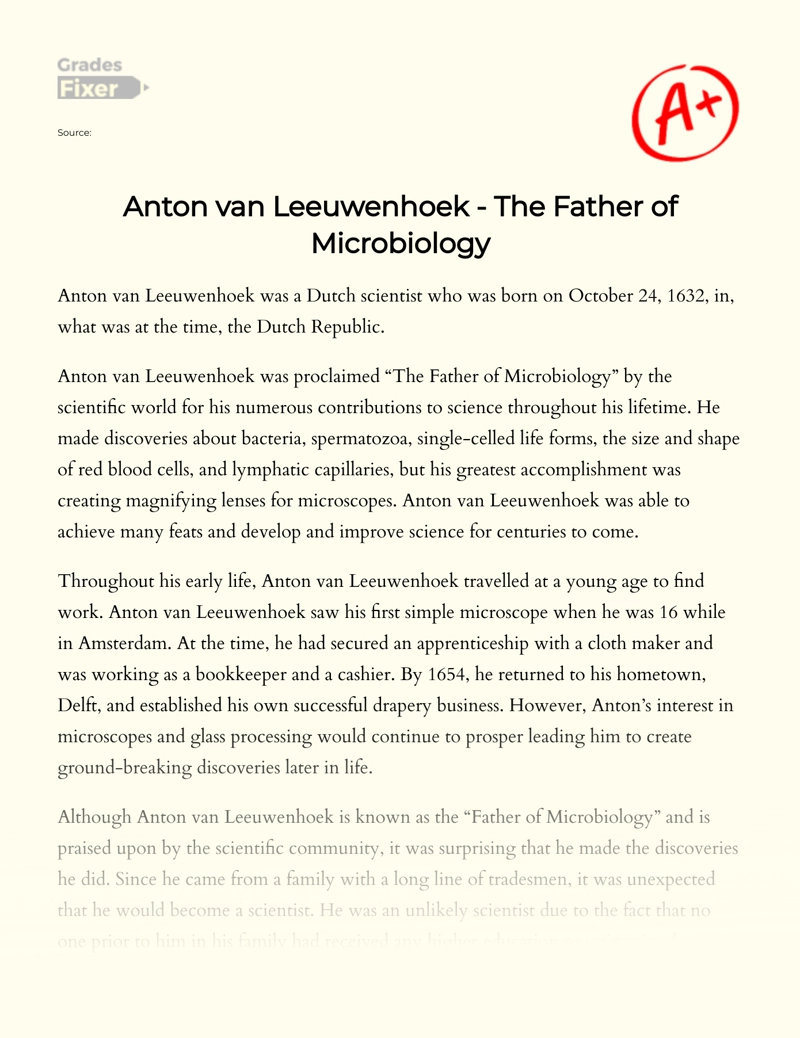 Anton Van Leeuwenhoek - The Father of Microbiology Essay