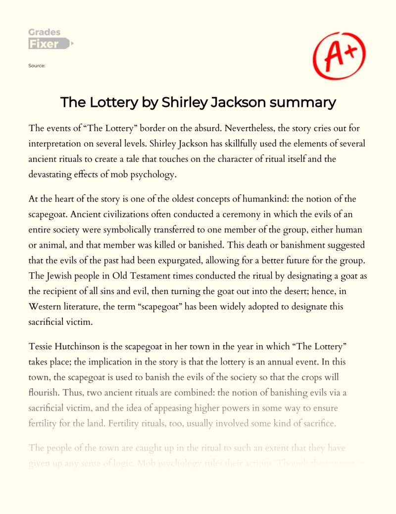 The Lottery by Shirley Jackson Summary essay
