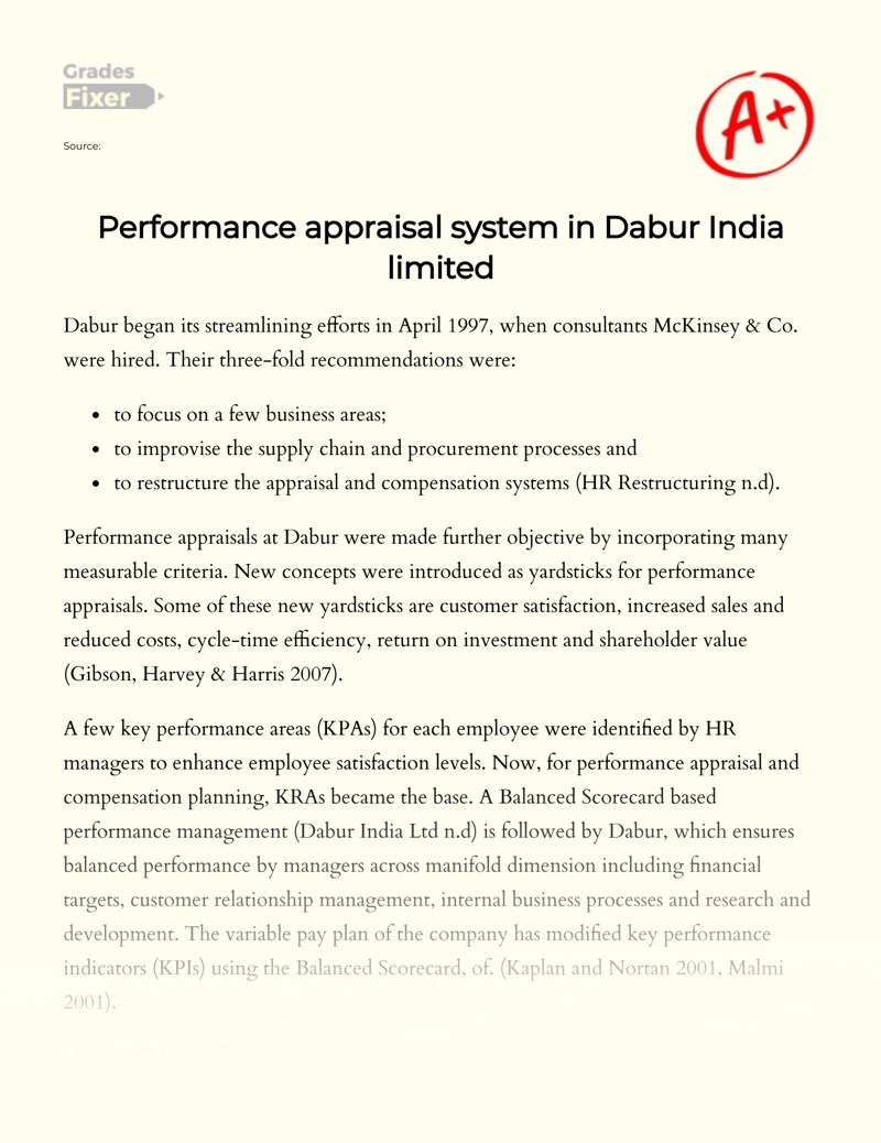 Performance Appraisal System in Dabur India Limited Essay