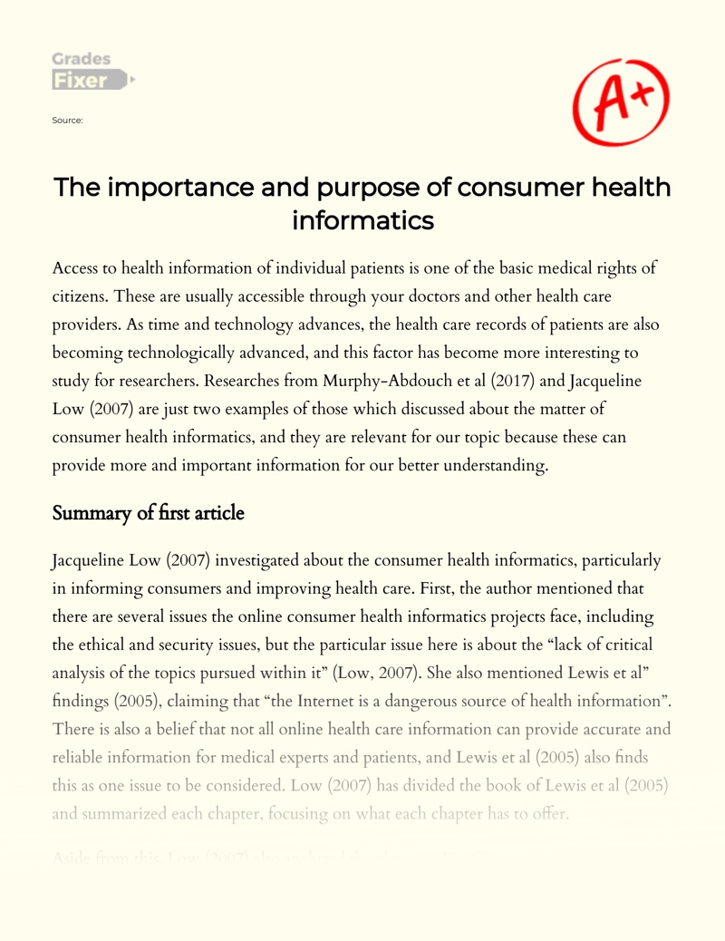 The Importance and Purpose of Consumer Health Informatics Essay