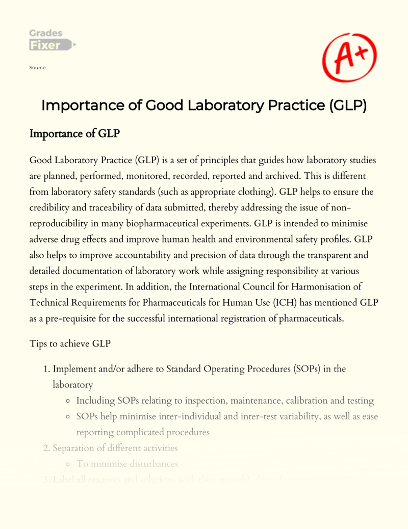 Importance of Good Laboratory Practice (glp) essay