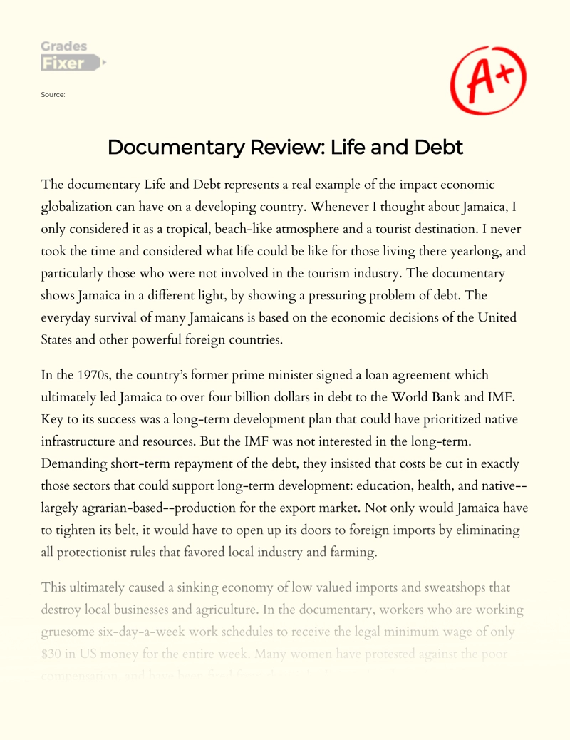 Review of The Documentary "Life and Debt" essay