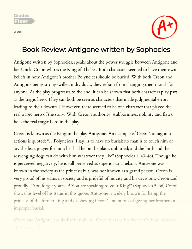 Book Review Antigone Written By Sophocles Essay Example 1218 Words Gradesfixer