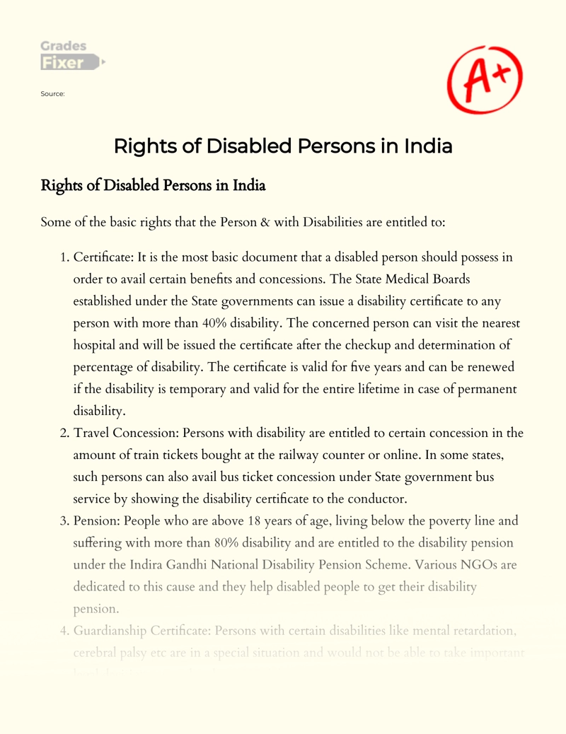 Rights of Disabled Persons in India Essay
