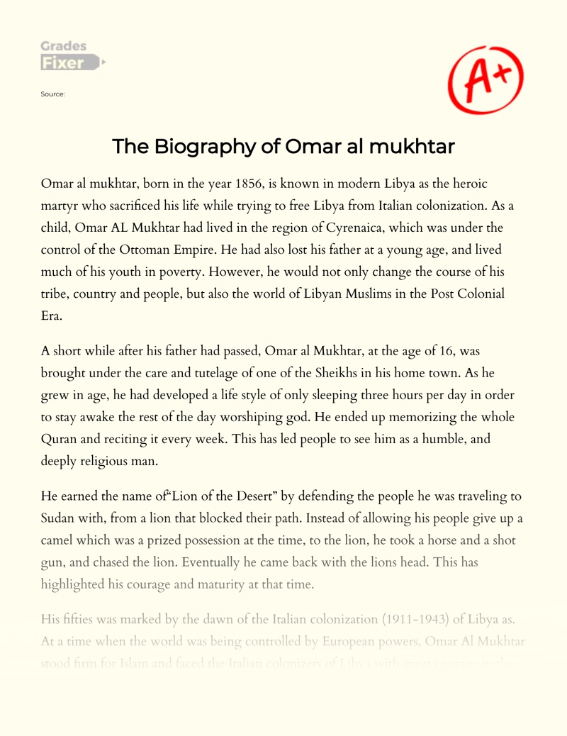 The Biography of Omar Al Mukhtar Essay