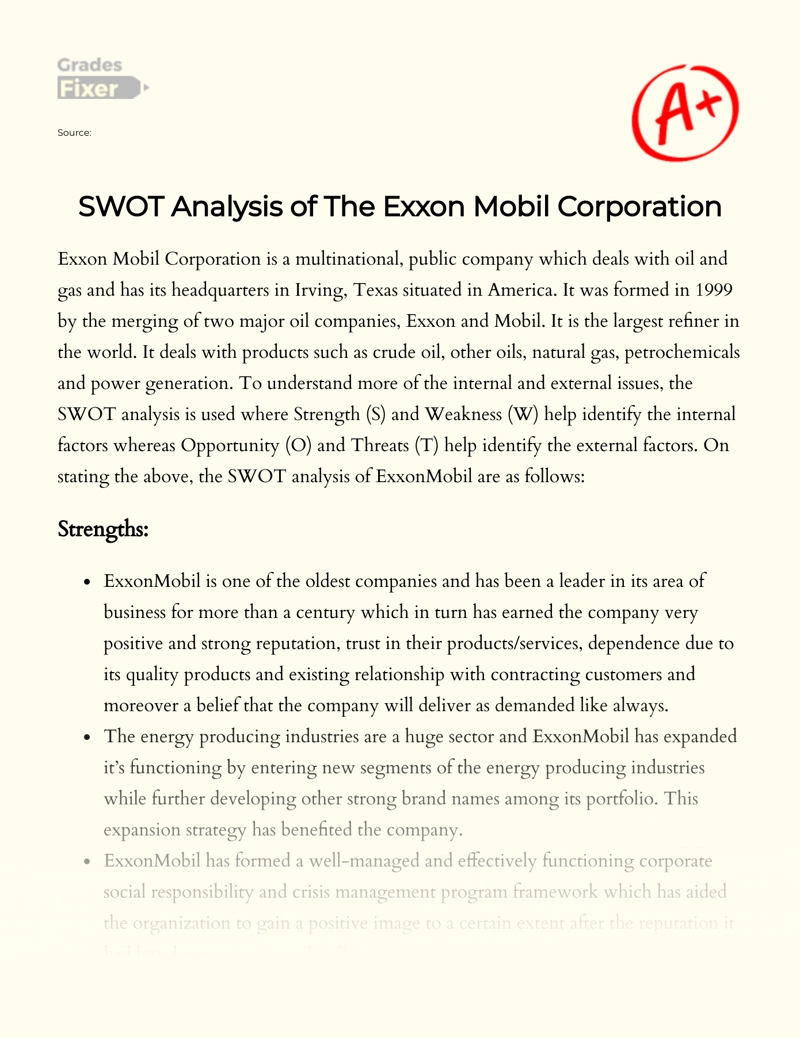 Swot Analysis of The Exxon Mobil Corporation Essay