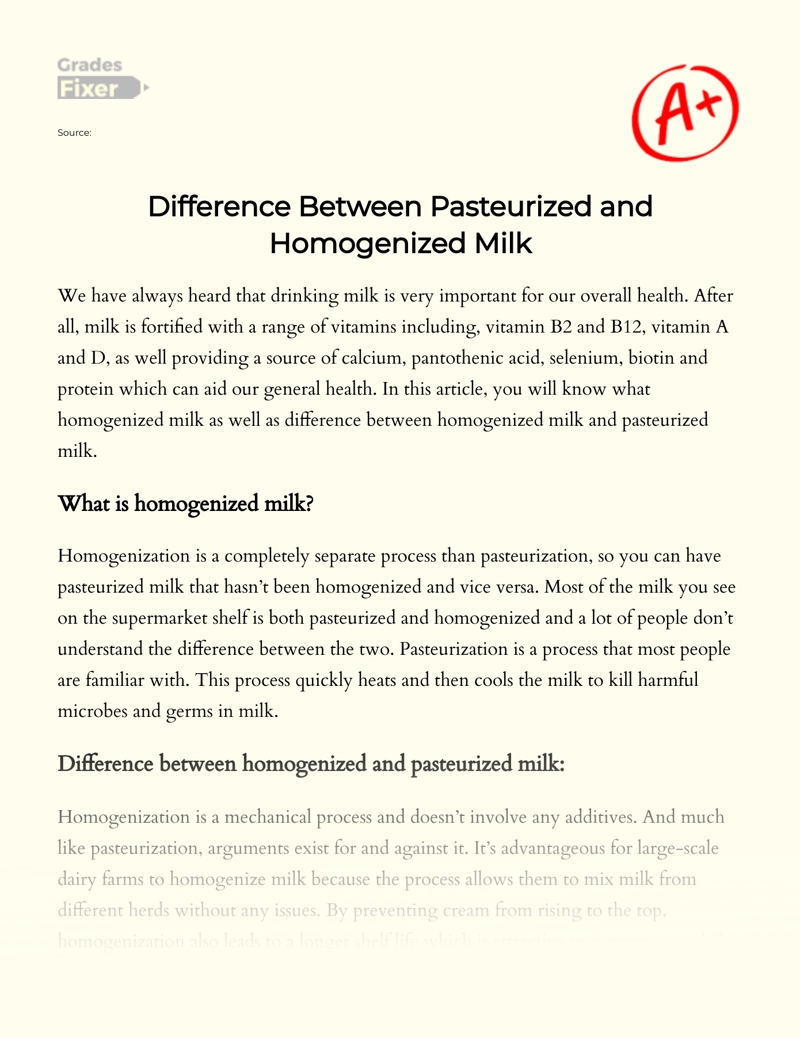 Homogenized Vs Pasteurized Milk: Differences in Procces and Benefits of Result Essay
