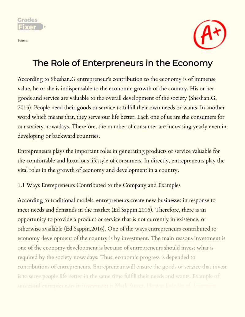 The Role of Enterpreneurs in The Economy Essay