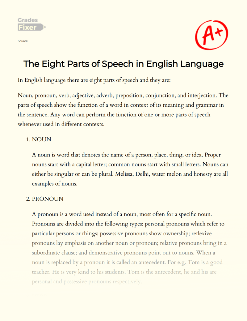 The Eight Parts of Speech in English Language Essay