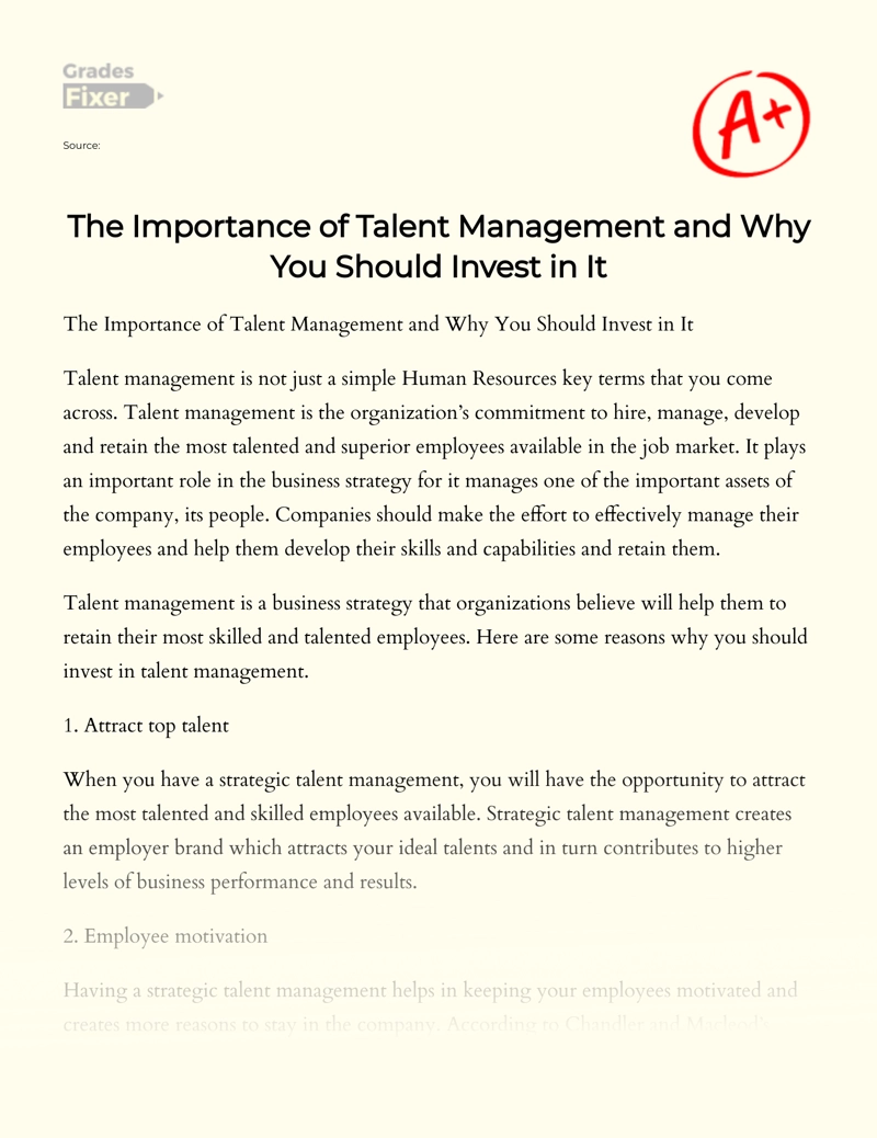 The Importance of Talent Management and Why You Should Invest in It essay
