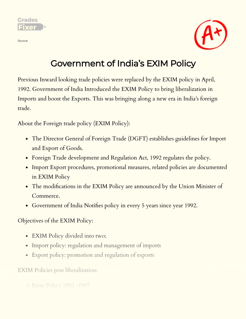 Government of India’s Exim Policy Essay
