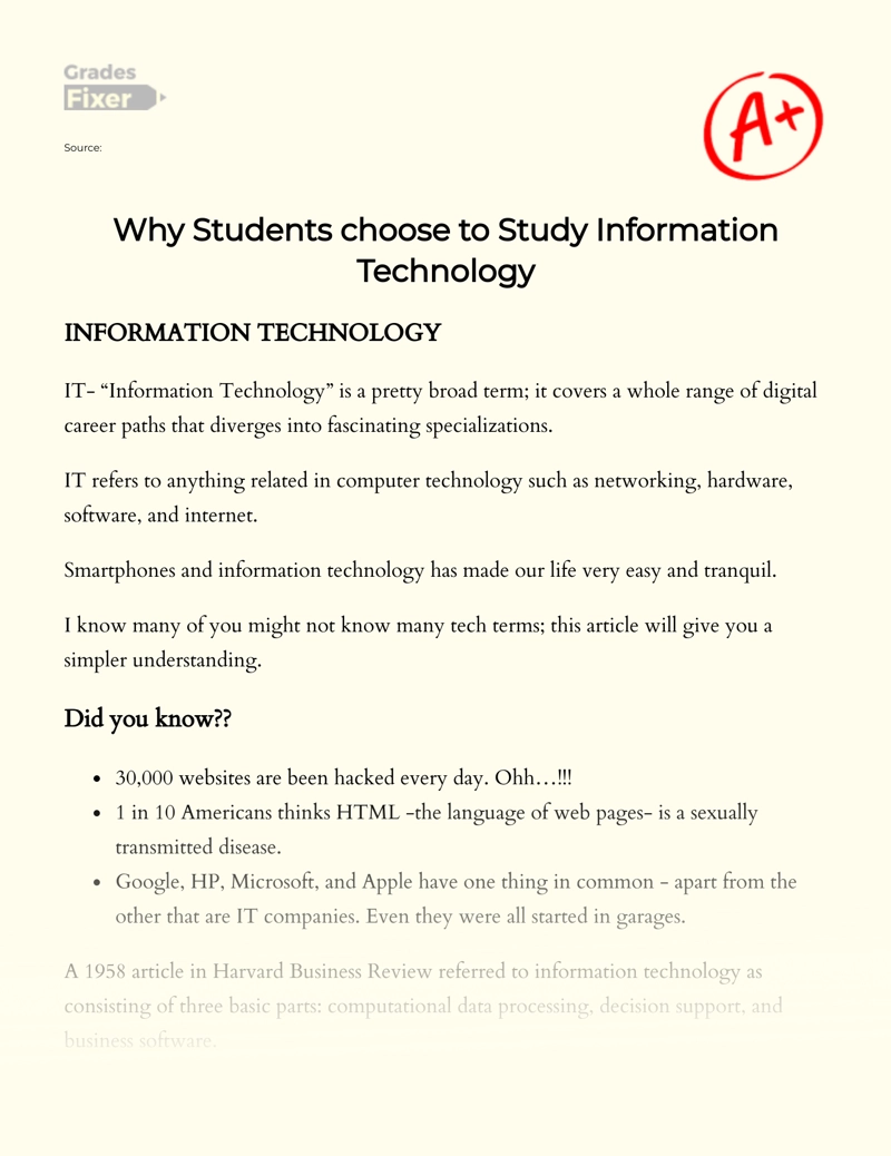 Why Students Choose to Study Information Technology essay