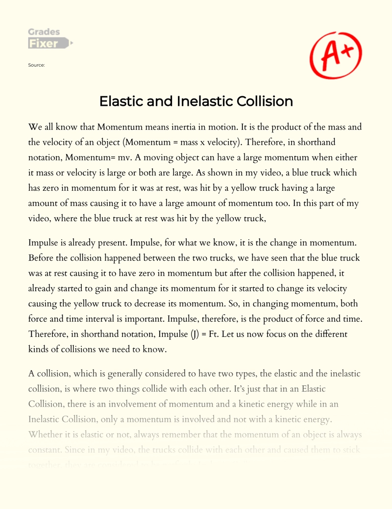 Elastic and Inelastic Collision essay