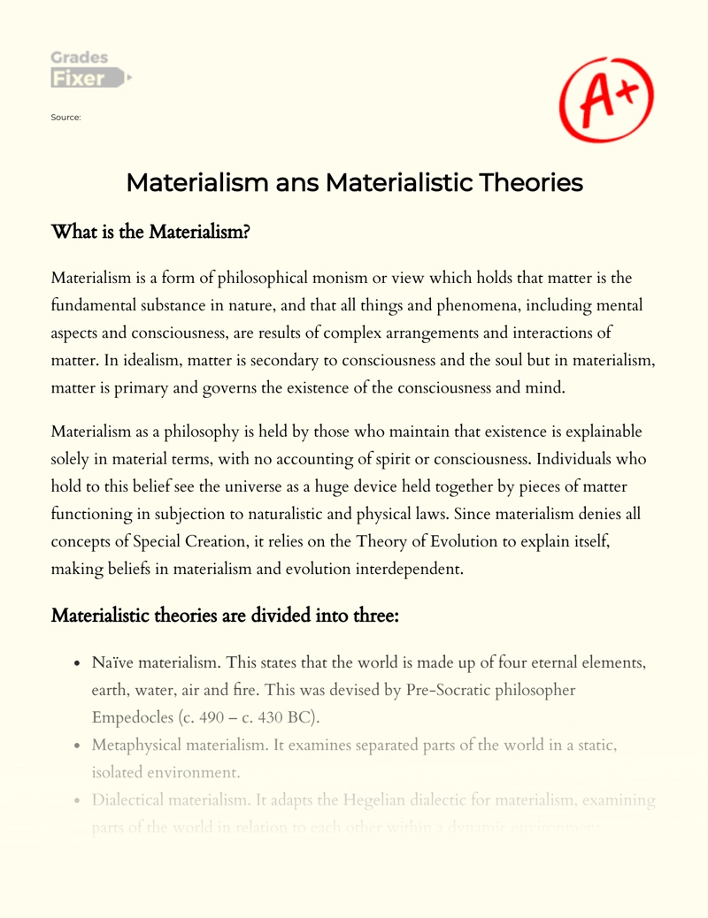 Materialism Ans Materialistic Theories Essay