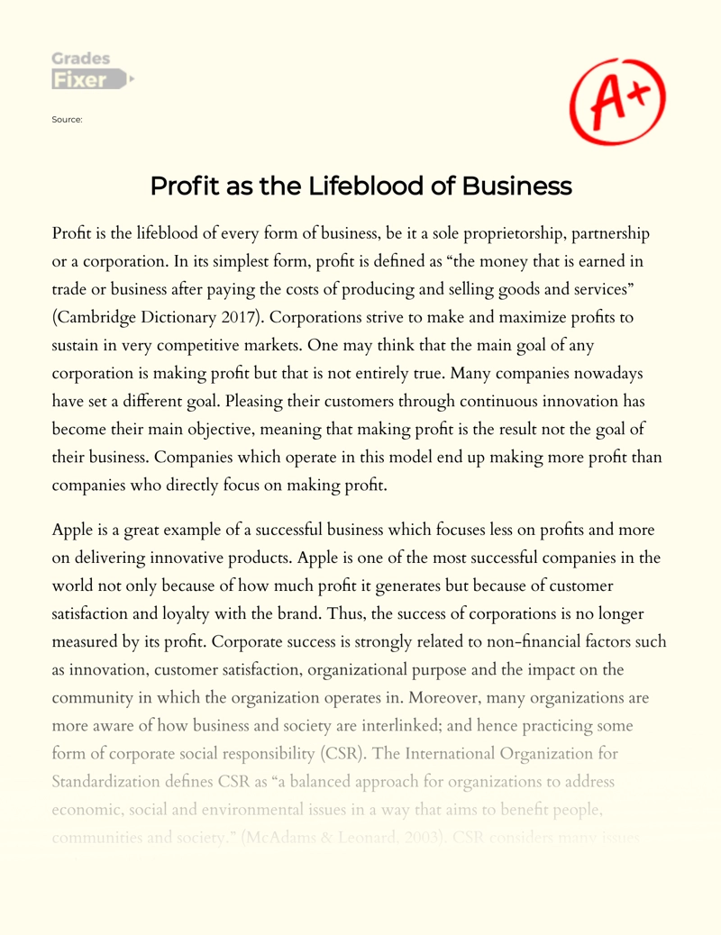 Profit as The Lifeblood of Business essay