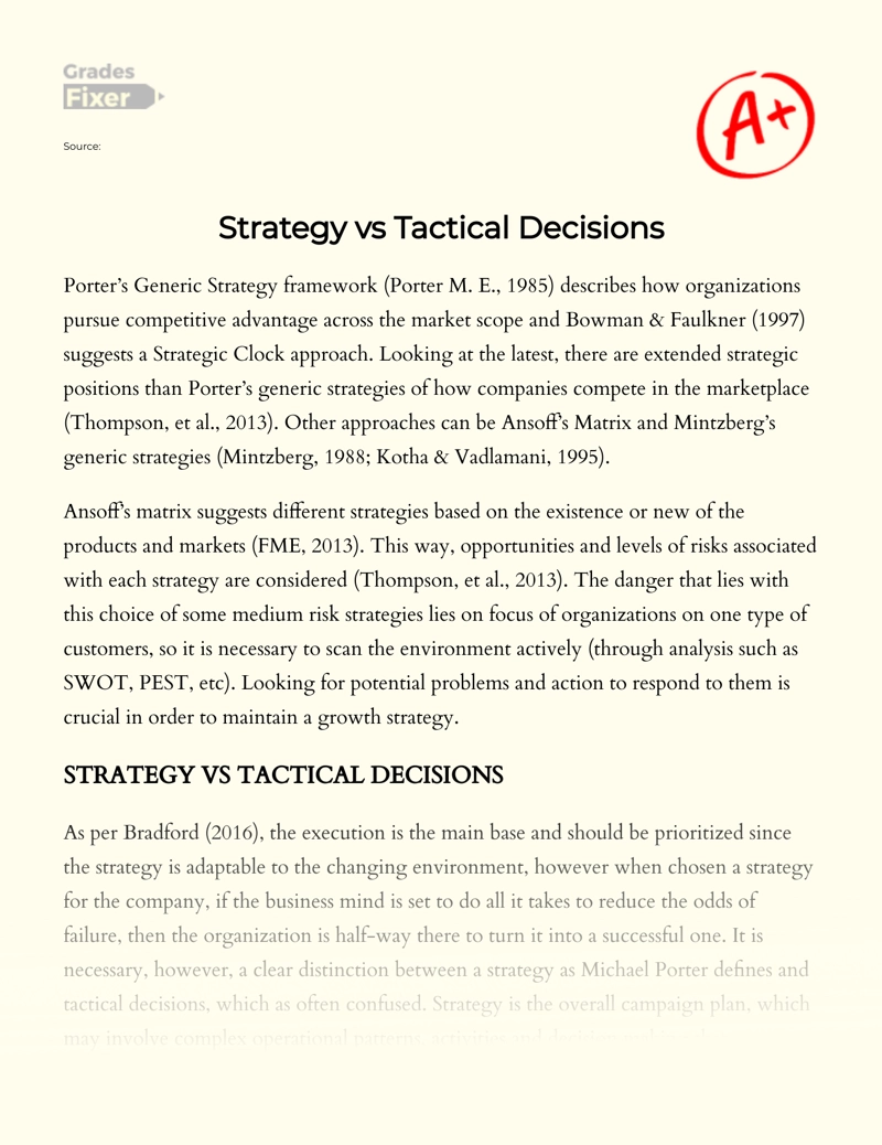 Strategy Vs Tactical Decisions Essay