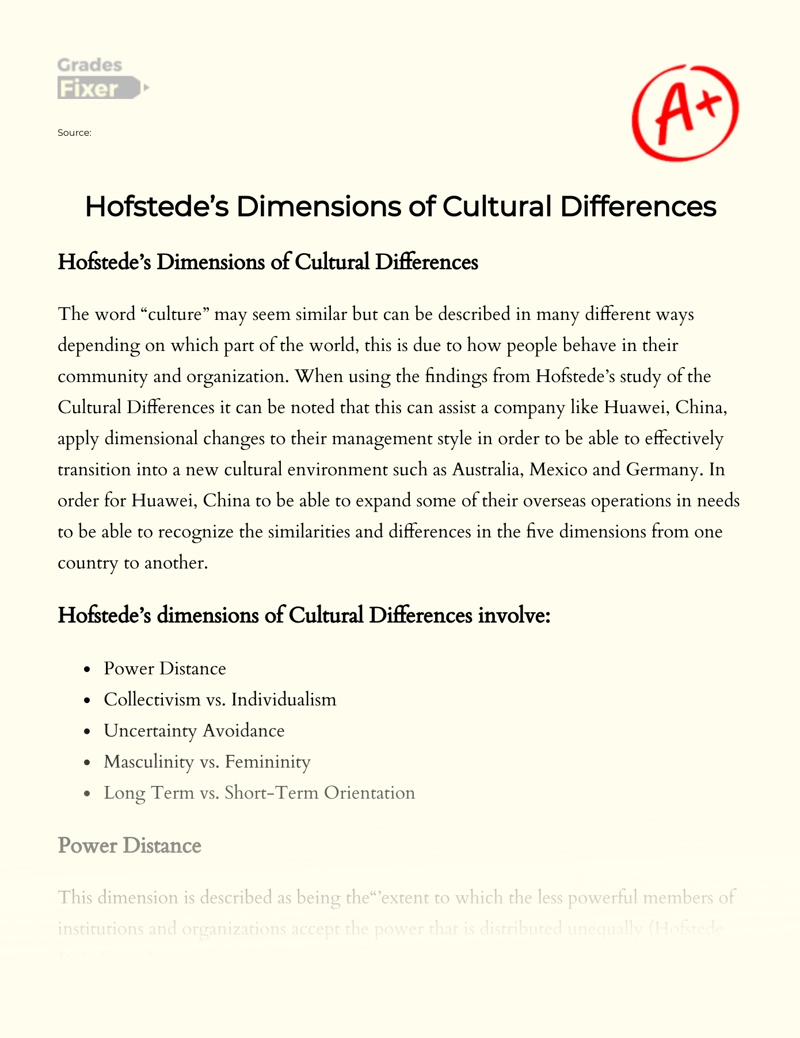 Hofstede’s Dimensions of Cultural Differences Essay