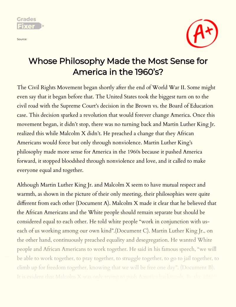 Research of Whose Philosophy Made The Most Sense for America in The 1960’s Essay