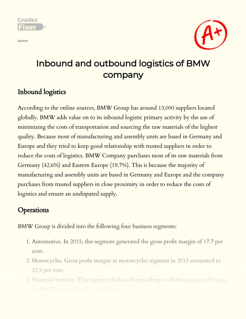 Inbound and Outbound Logistics of Bmw Company essay