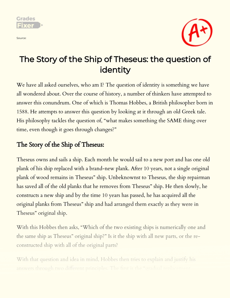The Story of The Ship of Theseus:  The Question of Identity  essay