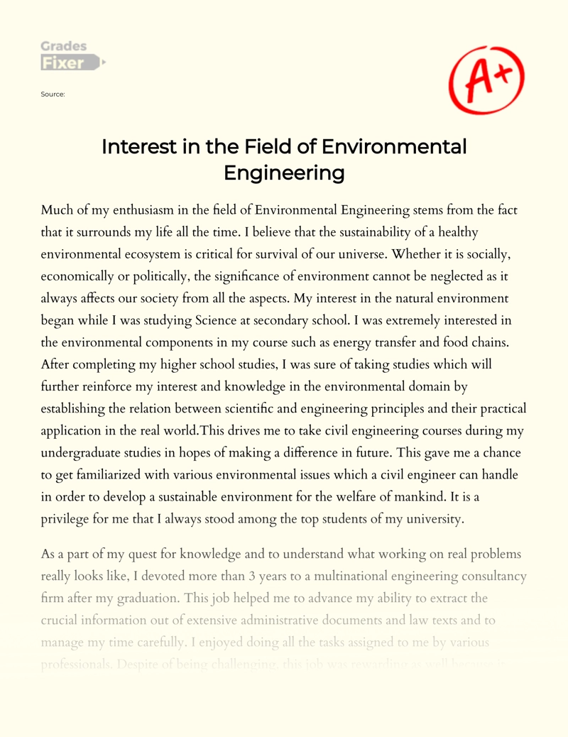 Interest in The Field of Environmental Engineering Essay