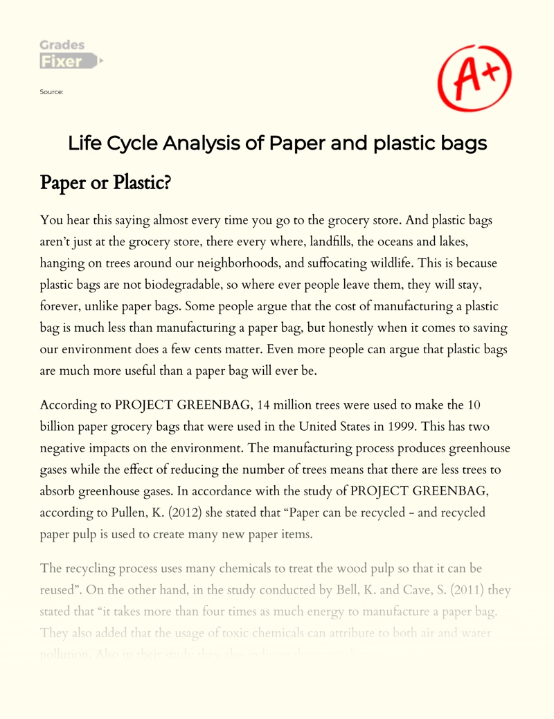 Life Cycle Analysis of Paper and Plastic Bags essay
