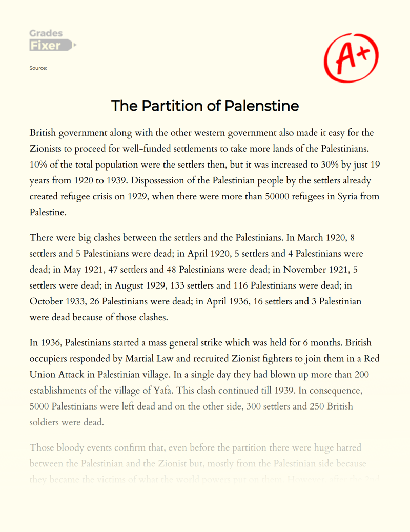 The Partition of Palenstine Essay