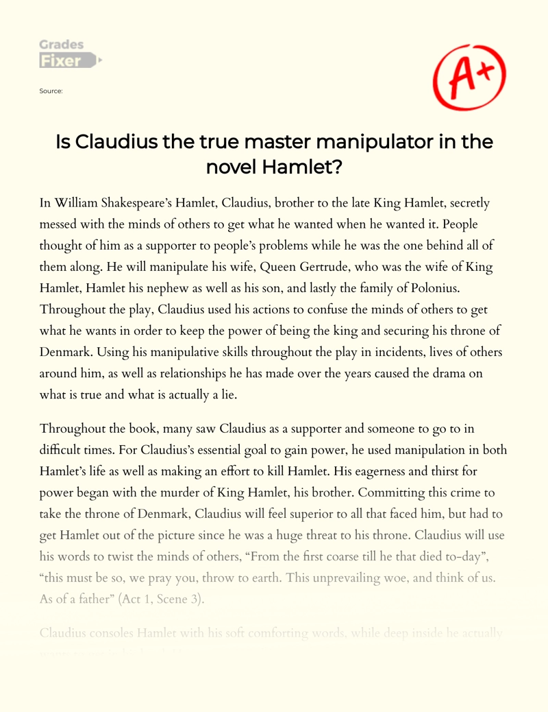 Claudius as The Master of Manipulation in Hamlet Essay