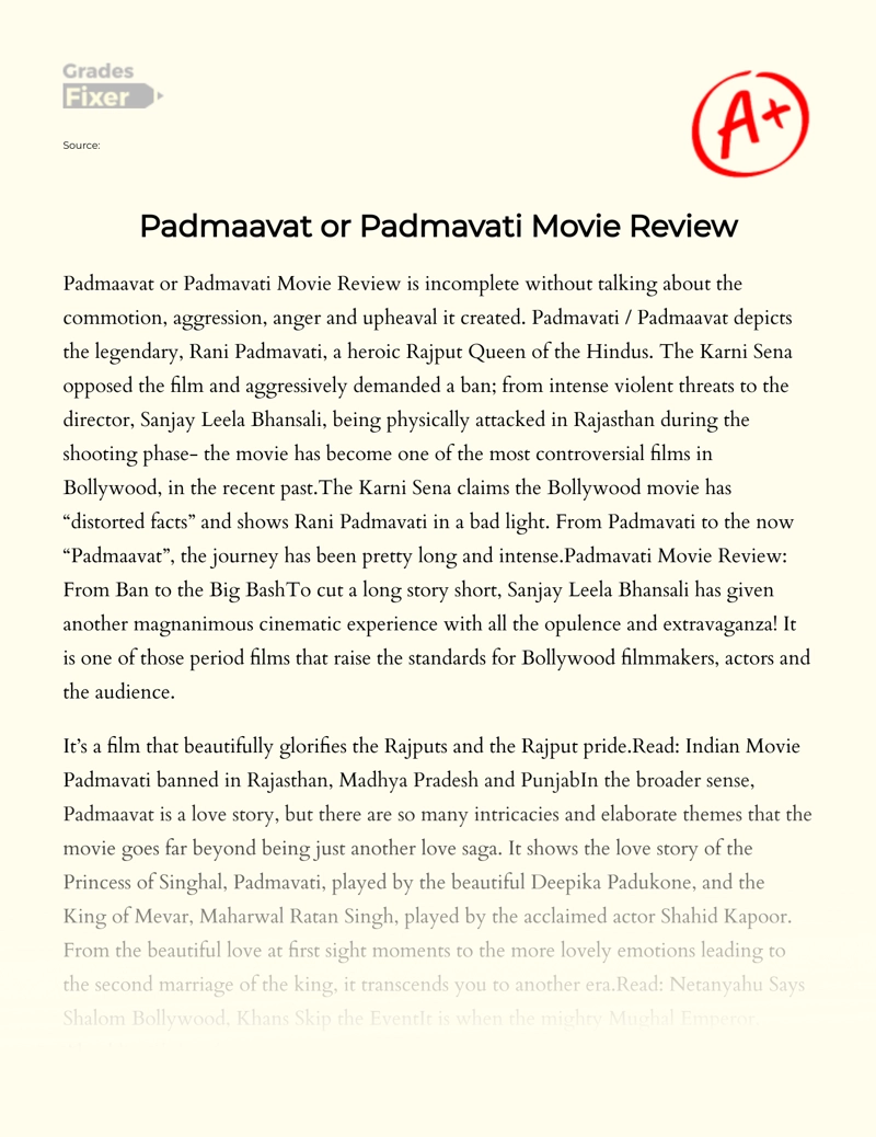 Padmaavat Or Padmavati Movie Review  Essay