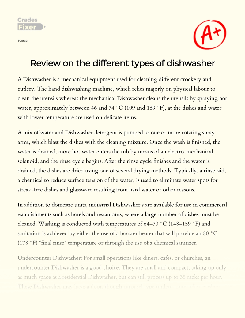 Review on The Different Types of Dishwasher  Essay