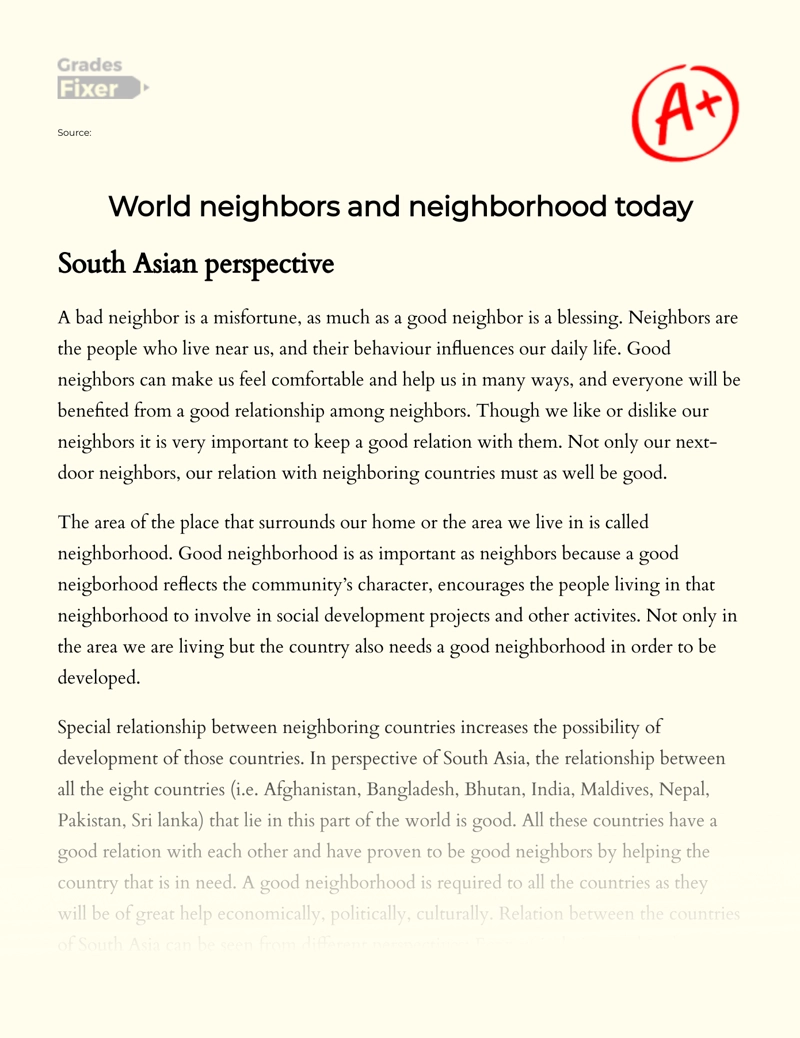World Neighbors and Neighborhood Today Essay