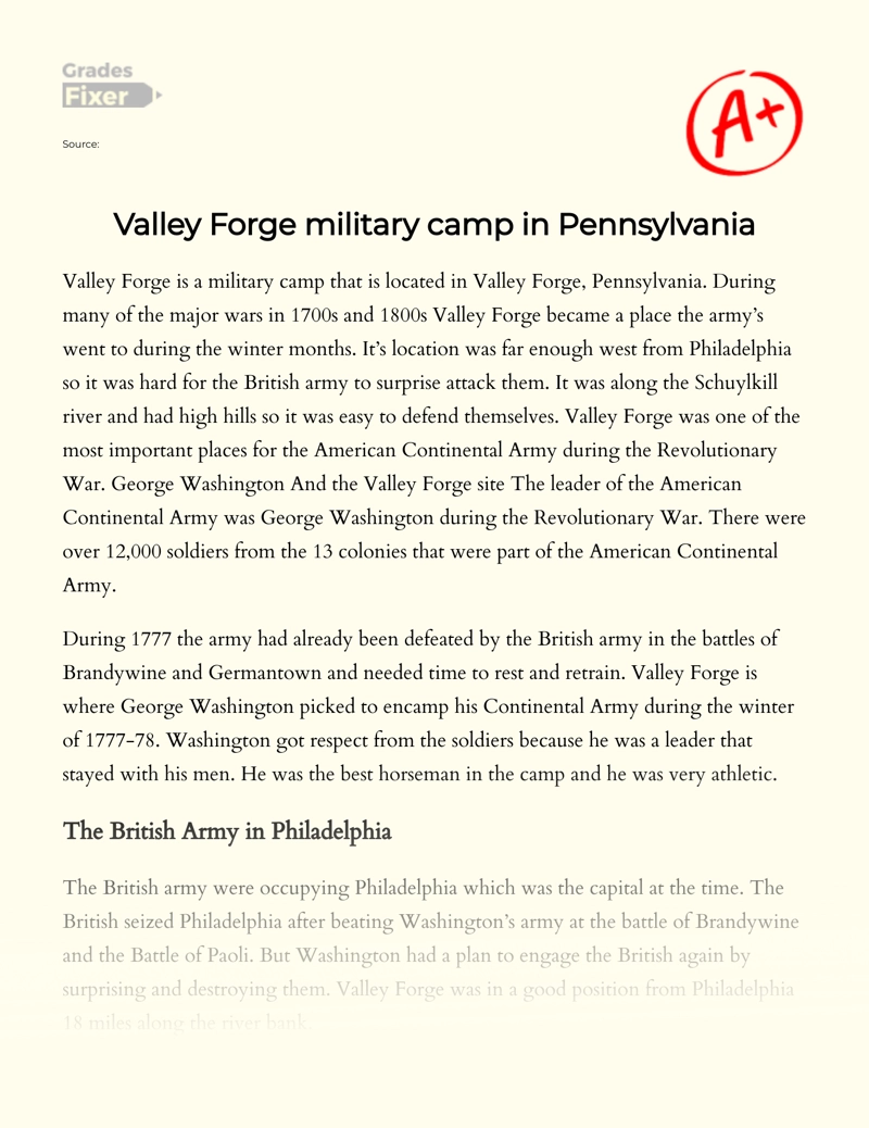 Valley Forge Military Camp in Pennsylvania Essay