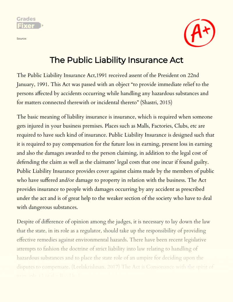 The Public Liability Insurance Act Essay